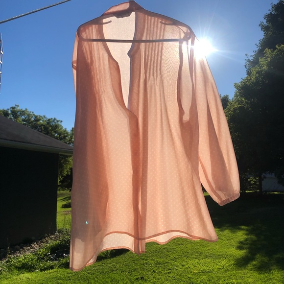 Pure by Alfred Sung pale pink & polka dots sheer popover blouse w pintuck - Picture 2 of 4